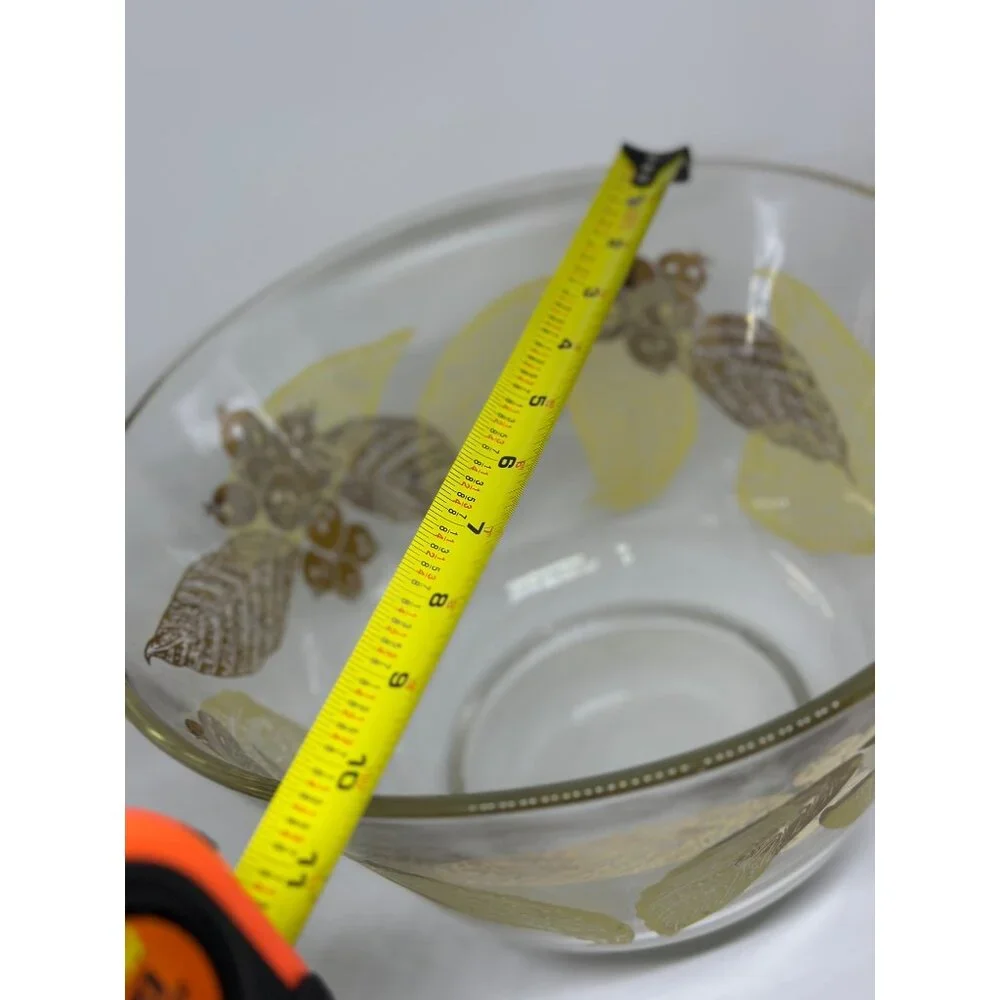 Vintage Anchor Hocking Gold Painted Fruit & Leaves MCM Glass Snack Bowl 6